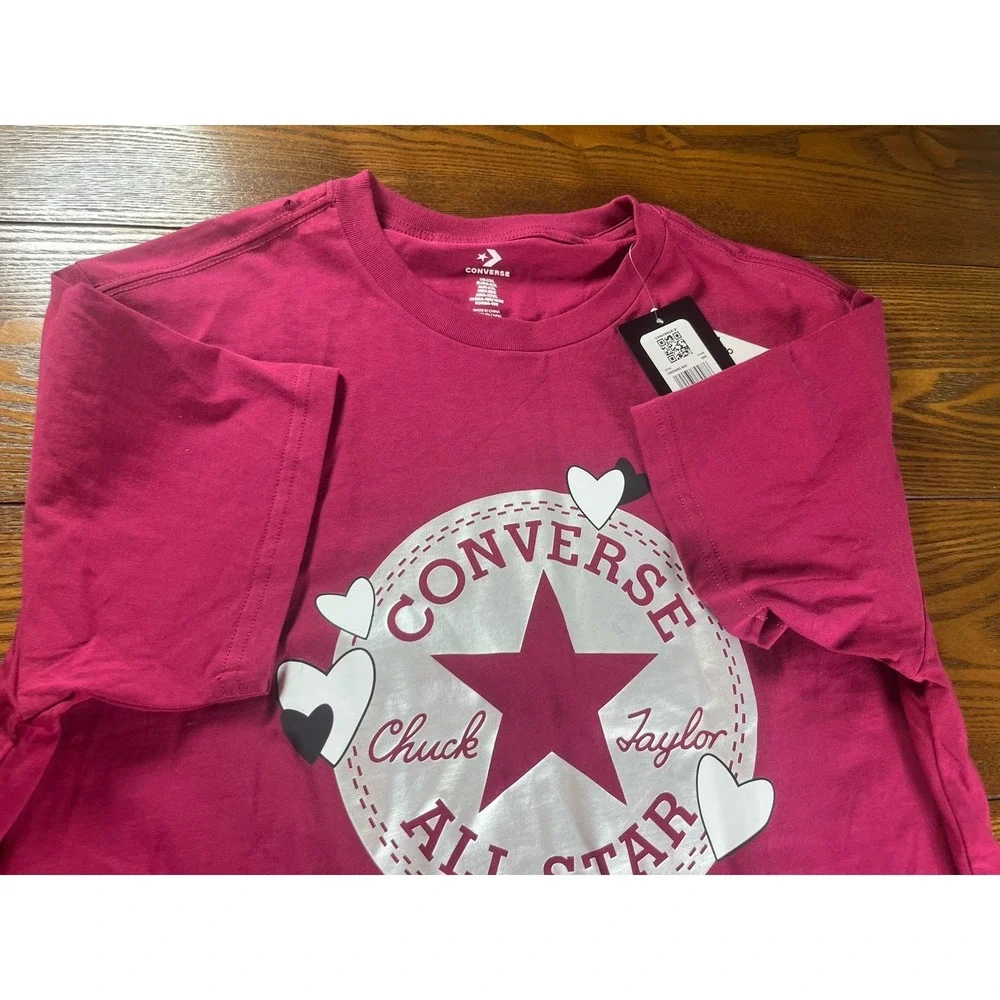 NEW Converse Girls Burgundy Logo With Hearts Graphic Short Sleeve T-Shirt Sz XXL